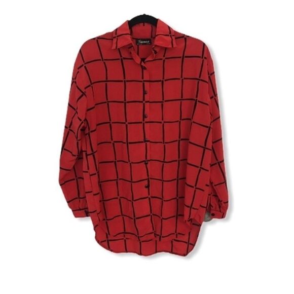 Vintage Gianna Red and Black Windowpane Check Blouse | Size M - Picture 2 of 3